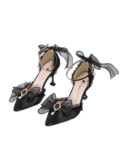 Black Elegant All-Match Pearl Gem Decorated Ribbon Bowknot Gorgeous Lace Classic Lolita Shoes