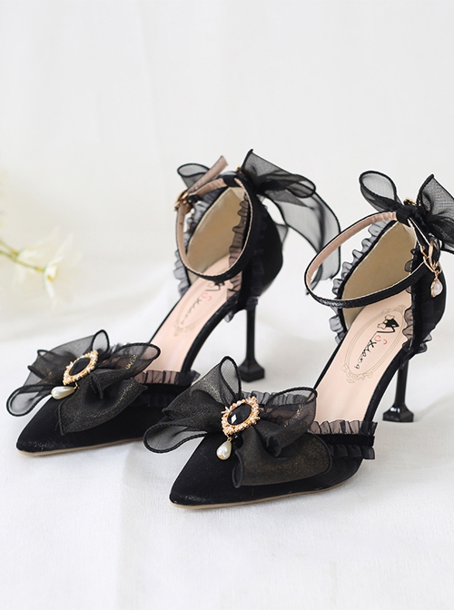 Black Elegant All-Match Pearl Gem Decorated Ribbon Bowknot Gorgeous Lace Classic Lolita Shoes