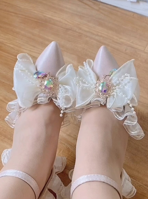 Pure Color Pointy Toe Bowknot Gem Decoration Elegant Daily All-Match Classic Lolita Shoes