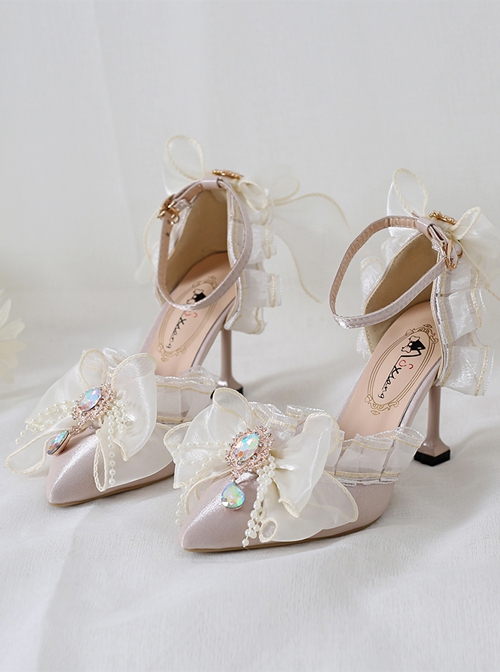 Pure Color Pointy Toe Bowknot Gem Decoration Elegant Daily All-Match Classic Lolita Shoes
