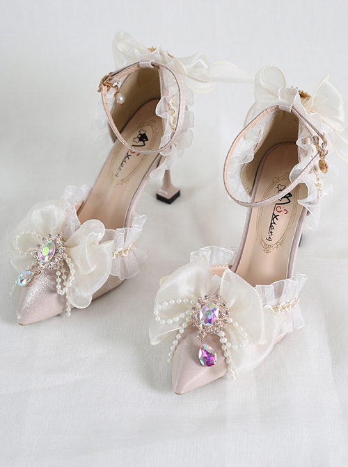 Pure Color Pointy Toe Bowknot Gem Decoration Elegant Daily All-Match Classic Lolita Shoes