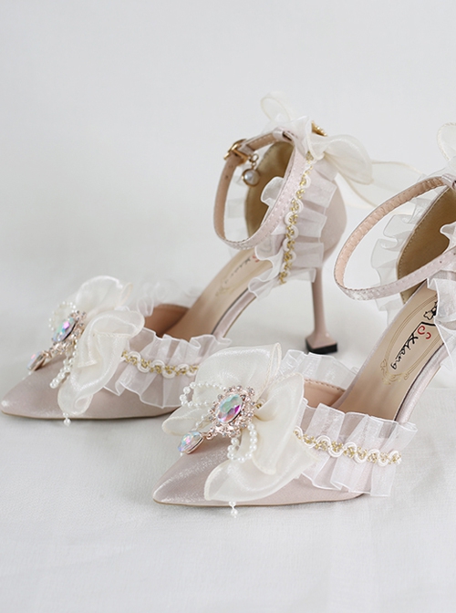Pure Color Pointy Toe Bowknot Gem Decoration Elegant Daily All-Match Classic Lolita Shoes