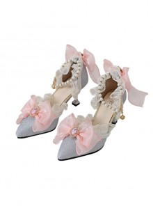 Elegant Palace Style Pointed Ribbon Bowknot Gemstone Decoration Bead Chain Classic Lolita Shoes