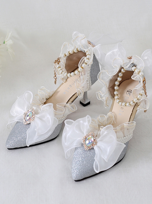 Elegant Palace Style Pointed Ribbon Bowknot Gemstone Decoration Bead Chain Classic Lolita Shoes