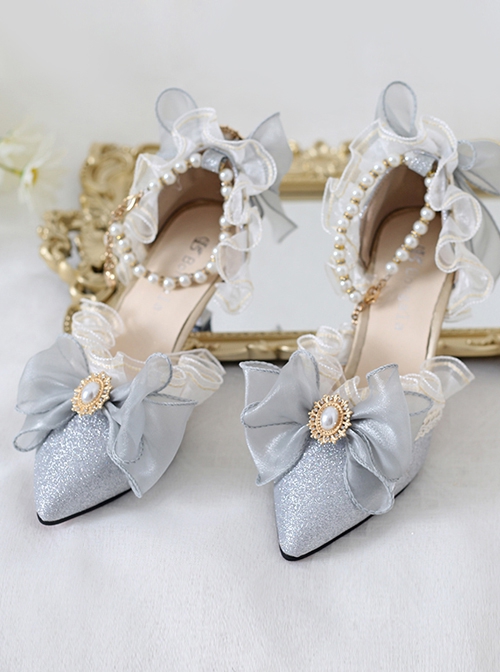 Elegant Palace Style Pointed Ribbon Bowknot Gemstone Decoration Bead Chain Classic Lolita Shoes