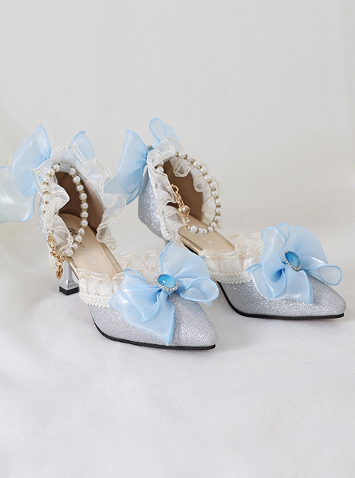 Elegant Palace Style Pointed Ribbon Bowknot Gemstone Decoration Bead Chain Classic Lolita Shoes