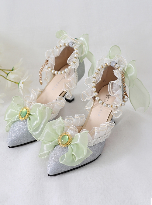 Elegant Palace Style Pointed Ribbon Bowknot Gemstone Decoration Bead Chain Classic Lolita Shoes