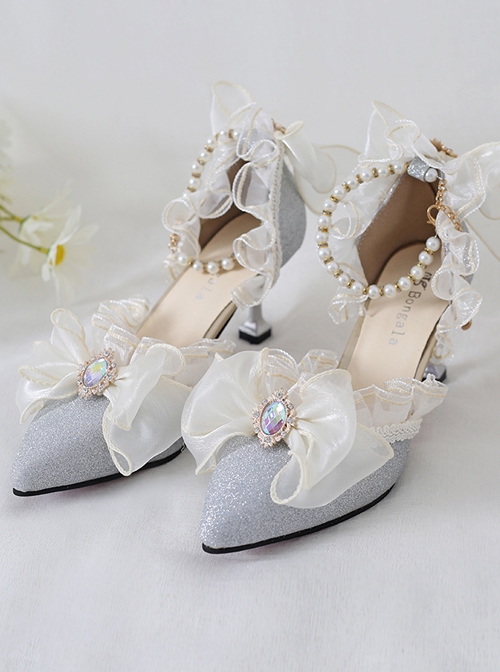 Elegant Palace Style Pointed Ribbon Bowknot Gemstone Decoration Bead Chain Classic Lolita Shoes