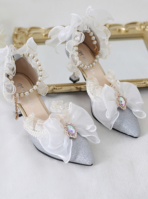 Elegant Palace Style Pointed Ribbon Bowknot Gemstone Decoration Bead Chain Classic Lolita Shoes