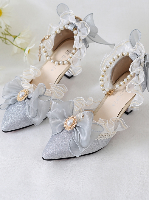 Elegant Palace Style Pointed Ribbon Bowknot Gemstone Decoration Bead Chain Classic Lolita Shoes