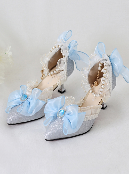 Elegant Palace Style Pointed Ribbon Bowknot Gemstone Decoration Bead Chain Classic Lolita Shoes