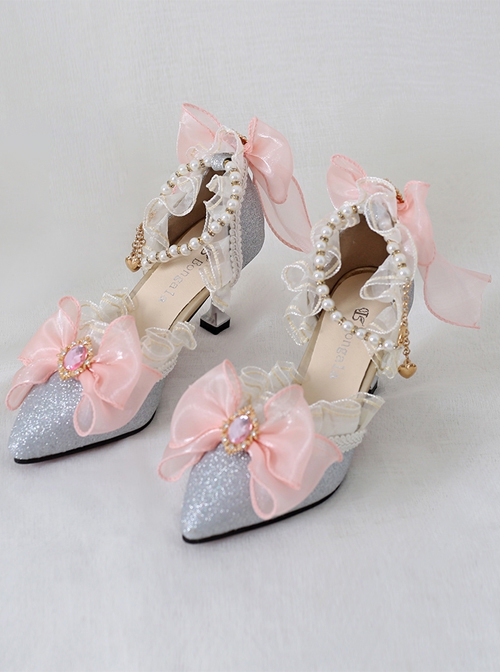 Elegant Palace Style Pointed Ribbon Bowknot Gemstone Decoration Bead Chain Classic Lolita Shoes