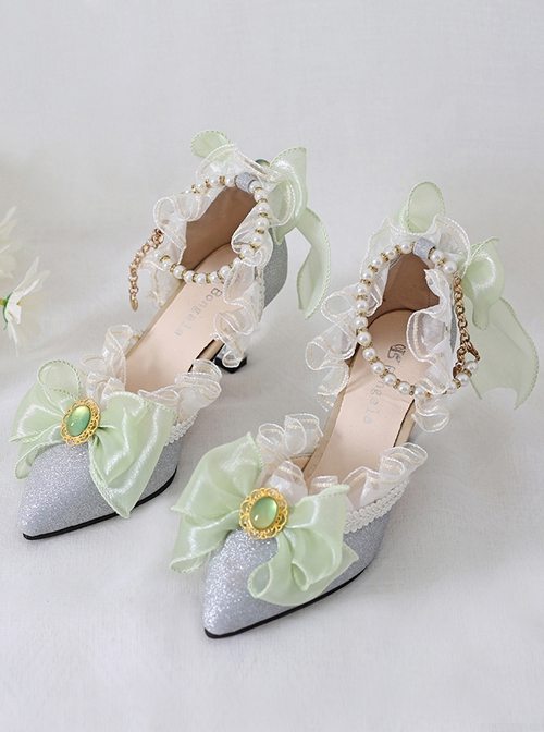 Elegant Palace Style Pointed Ribbon Bowknot Gemstone Decoration Bead Chain Classic Lolita Shoes