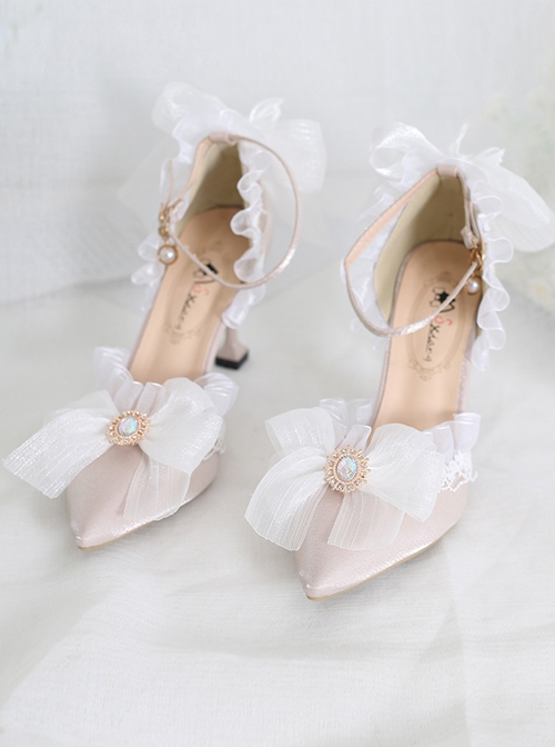 Pure Color Daily Elegant Ribbon Bowknot Lace Decoration Pointed Toe Stiletto Shoes Classic Lolita Shoes