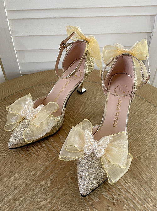 Simple Elegant Pure Color Butterfly Bowknot Decorated Pointed Toe Daily Classic Lolita Shoes