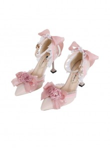 Elegant Lace Stereoscopic Flower Decoration Bowknot Pearl Pointed Stiletto Shoes Classic Lolita Shoes