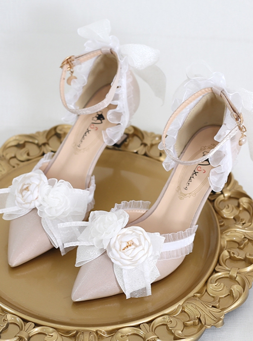 Elegant Lace Stereoscopic Flower Decoration Bowknot Pearl Pointed Stiletto Shoes Classic Lolita Shoes