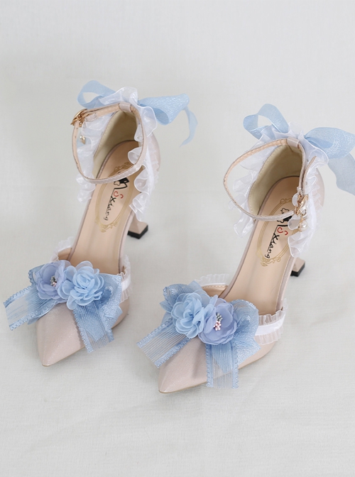 Elegant Lace Stereoscopic Flower Decoration Bowknot Pearl Pointed Stiletto Shoes Classic Lolita Shoes