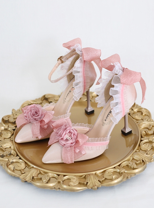 Elegant Lace Stereoscopic Flower Decoration Bowknot Pearl Pointed Stiletto Shoes Classic Lolita Shoes