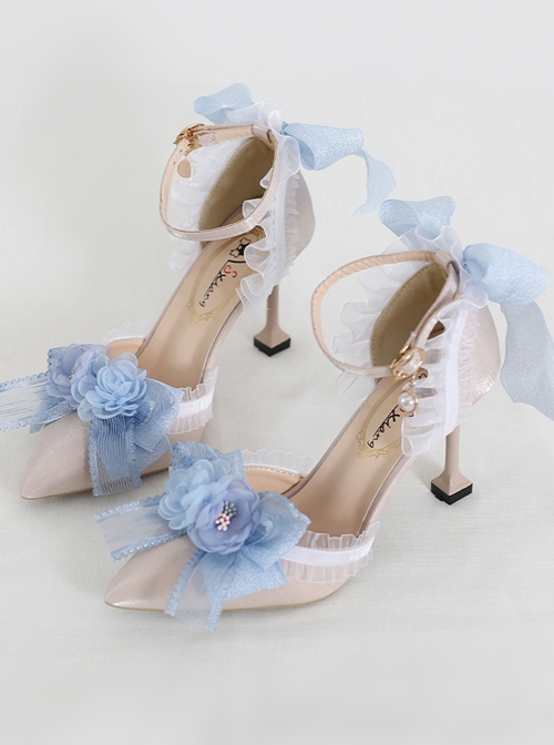 Elegant Lace Stereoscopic Flower Decoration Bowknot Pearl Pointed Stiletto Shoes Classic Lolita Shoes