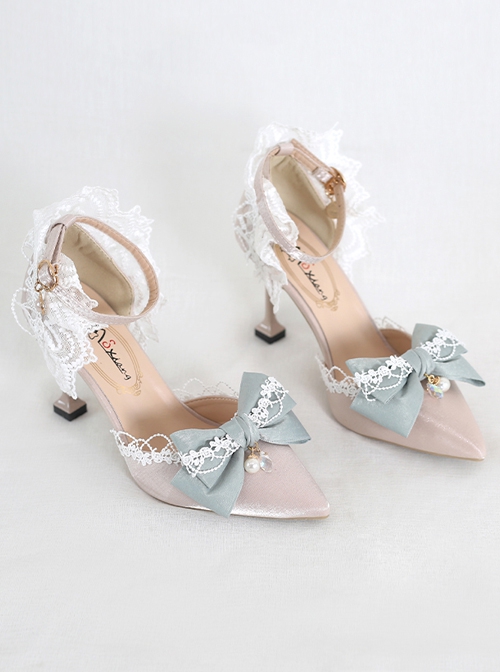 Elegant Pure Color Lace Bowknot Pearl Decorate Pointed Toe Daily Classic Lolita Shoes