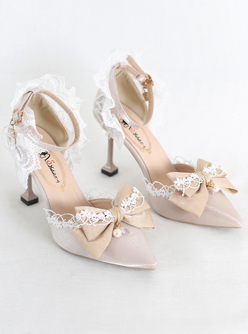 Elegant Pure Color Lace Bowknot Pearl Decorate Pointed Toe Daily Classic Lolita Shoes