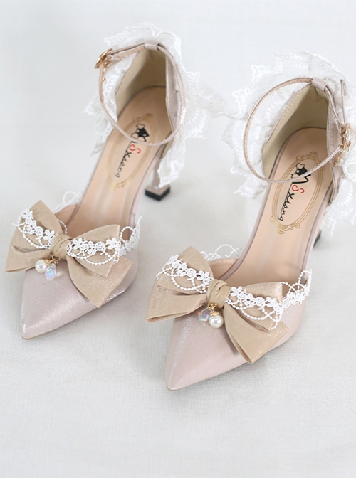 Elegant Pure Color Lace Bowknot Pearl Decorate Pointed Toe Daily Classic Lolita Shoes