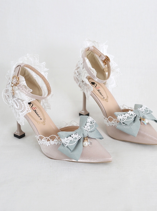 Elegant Pure Color Lace Bowknot Pearl Decorate Pointed Toe Daily Classic Lolita Shoes