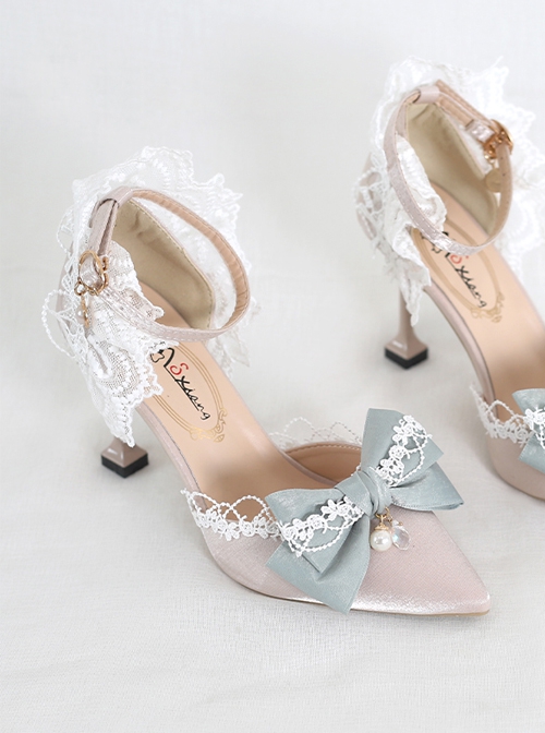 Elegant Pure Color Lace Bowknot Pearl Decorate Pointed Toe Daily Classic Lolita Shoes