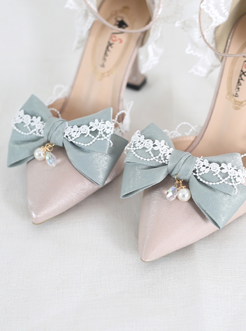 Elegant Pure Color Lace Bowknot Pearl Decorate Pointed Toe Daily Classic Lolita Shoes