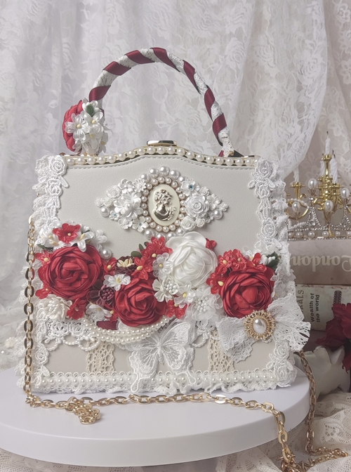 Gorgeous Handmade Rose Pearl Lace Butterfly Decoration Classic Lolita Shoulder Portable Bag