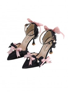 Daily Elegant Pointed Toe Color Contrast Ribbon Bowknot Pearl Decorate Classic Lolita Shoes