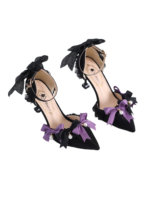 Daily Elegant Pointed Toe Color Contrast Ribbon Bowknot Pearl Decorate Classic Lolita Shoes