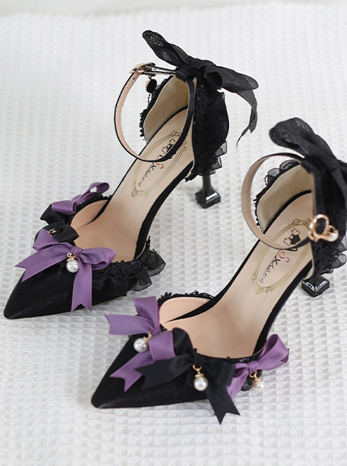 Daily Elegant Pointed Toe Color Contrast Ribbon Bowknot Pearl Decorate Classic Lolita Shoes