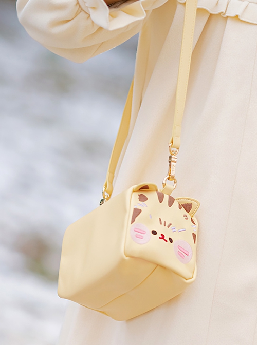 Cute Toast Cat Pure Color Embroidered Toast Design Adjustable Shoulder Strap Sweet Lolita Shoulder Messenger Bag