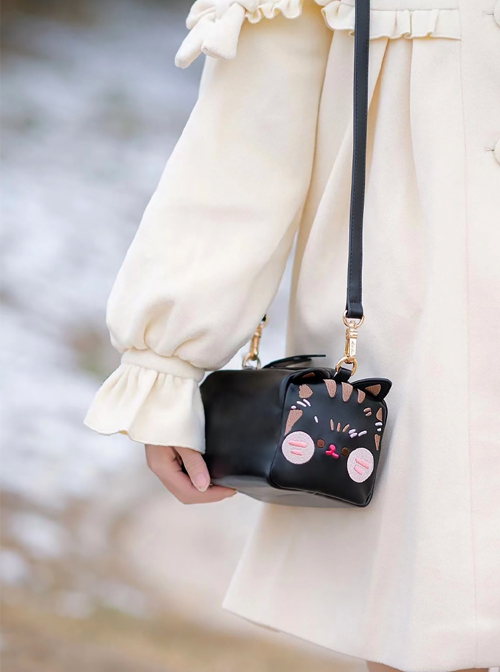 Cute Toast Cat Pure Color Embroidered Toast Design Adjustable Shoulder Strap Sweet Lolita Shoulder Messenger Bag