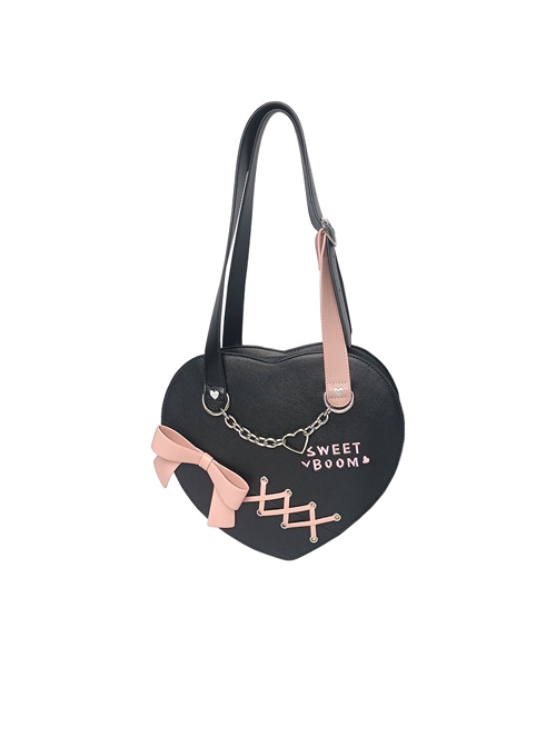 Retro Black Sweetheart Girl Heart Shape Chain Bowknot Decoration Sweet Lolita Portable Messenger Bag