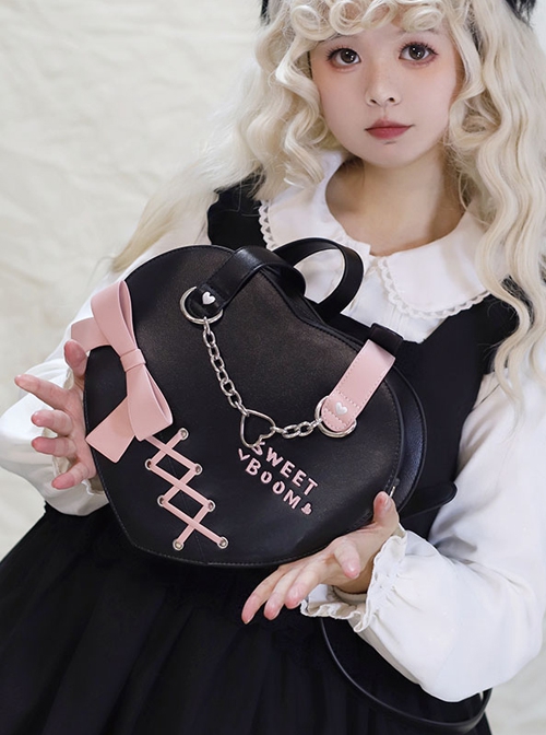 Retro Black Sweetheart Girl Heart Shape Chain Bowknot Decoration Sweet Lolita Portable Messenger Bag