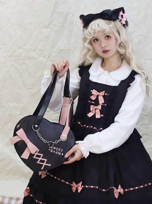 Retro Black Sweetheart Girl Heart Shape Chain Bowknot Decoration Sweet Lolita Portable Messenger Bag