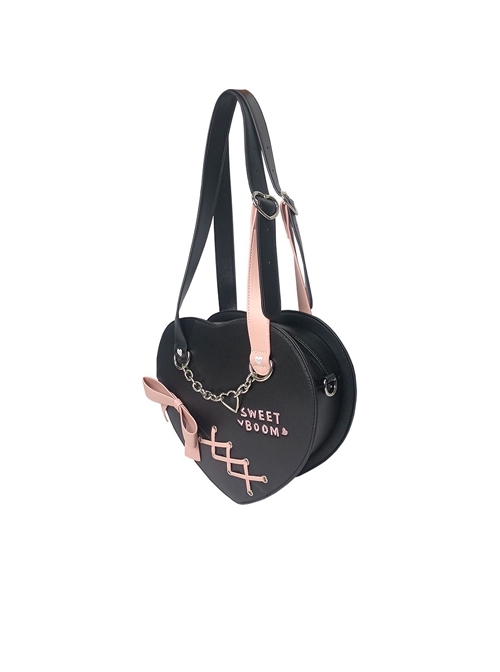 Retro Black Sweetheart Girl Heart Shape Chain Bowknot Decoration Sweet Lolita Portable Messenger Bag