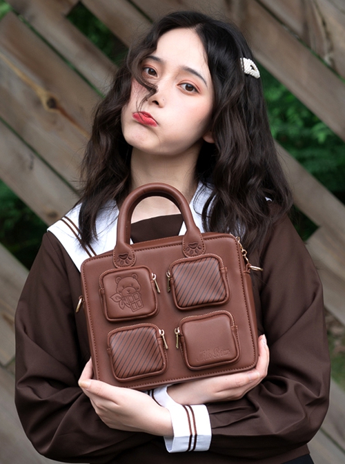 Bear Chocolate Series College Style Striped Bear Print Cute Girls School Lolita Portable Messenger Bag