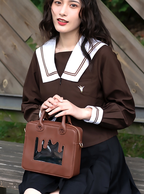 Bear Chocolate Series College Style Striped Bear Print Cute Girls School Lolita Portable Messenger Bag