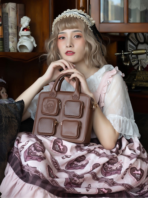 Bear Chocolate Series College Style Striped Bear Print Cute Girls School Lolita Portable Messenger Bag