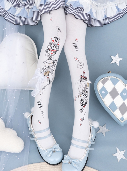 Alice's Afternoon Tea Series Autumn Winter Pure Color Wonderland Print Ornate Stereoscopic Bowknot Decoration Classic Lolita Pantyhose