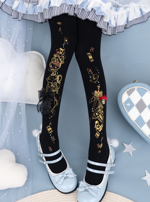 Alice's Afternoon Tea Series Autumn Winter Pure Color Wonderland Print Ornate Stereoscopic Bowknot Decoration Classic Lolita Pantyhose