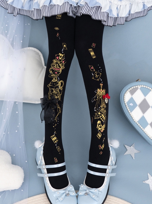 Alice's Afternoon Tea Series Autumn Winter Pure Color Wonderland Print Ornate Stereoscopic Bowknot Decoration Classic Lolita Pantyhose