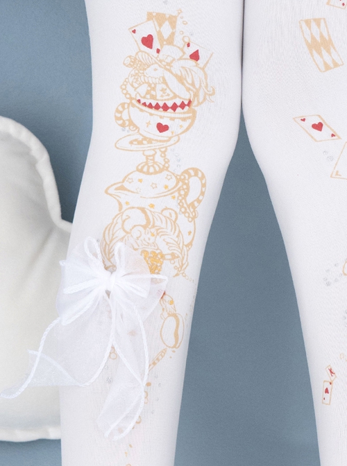 Alice's Afternoon Tea Series Autumn Winter Pure Color Wonderland Print Ornate Stereoscopic Bowknot Decoration Classic Lolita Pantyhose