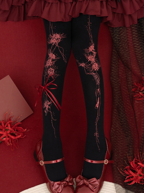 Road To Hades Series Autumn Winter Stereoscopic Bowknot Gorgeous Flower Print Gothic Lolita Pantyhose