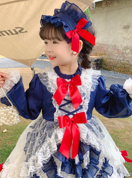 Retro Spring Autumn Cute Princess Bowknot Lace Design Sweet Lolita Kids Long Sleeve Dress