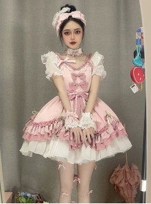 Peach Oolong Series Gentle Pink Bowknot Decoration Lace Hem Sweet Lolita Short Sleeve Dress